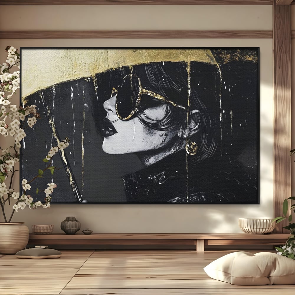 Tablou canvas cu tablou canvas cu femeie in ploaie stilizata, in rama de aluminiu negru
